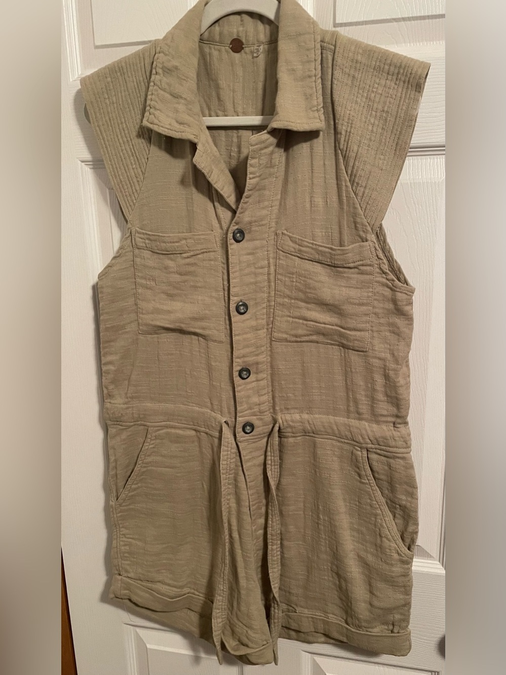 Free People Cap Sleeve Button-Front Romper in Light Khaki